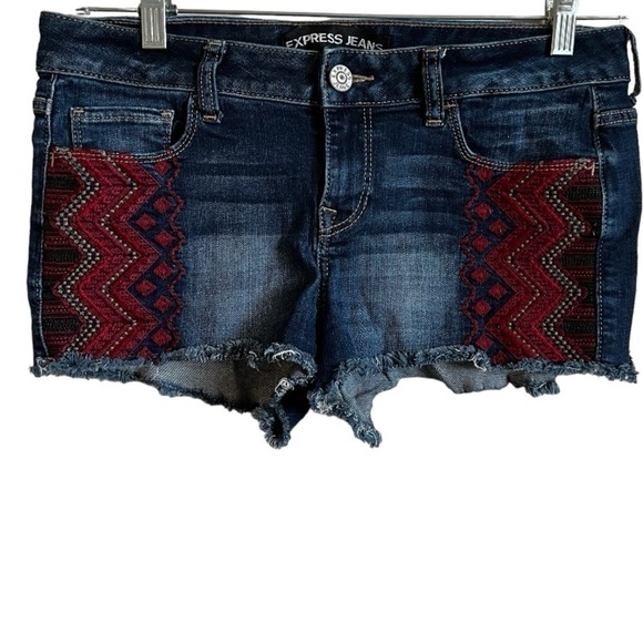 Express Embroidered Aztec Bootie Denim Shorts - Picture 1 of 6